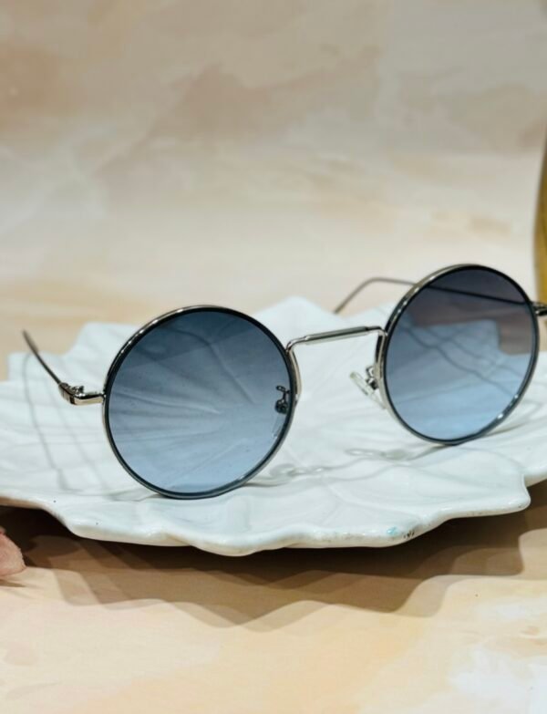 Round, silver, blue frame lens luxury sunglasses