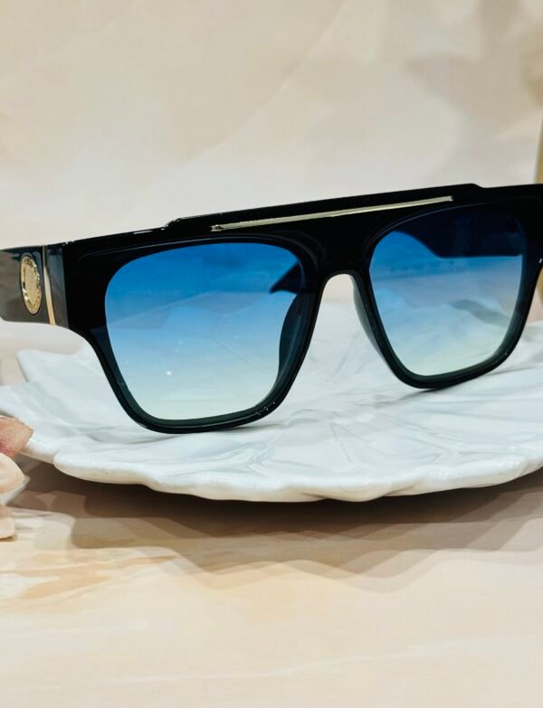 Black, blue lens, big, fashionable, funky sunglasses