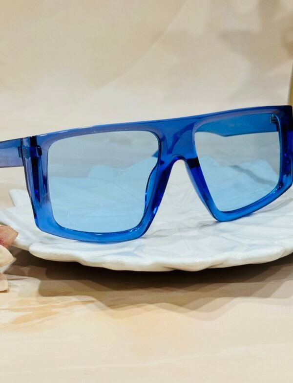 Blue frame and lens, big, trendy, funky sunglasses