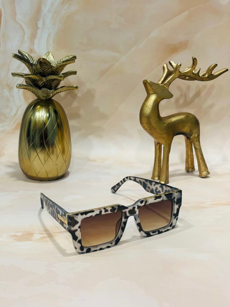 Rectangle, golden detailing, leopard print, stylish, big sunglasses