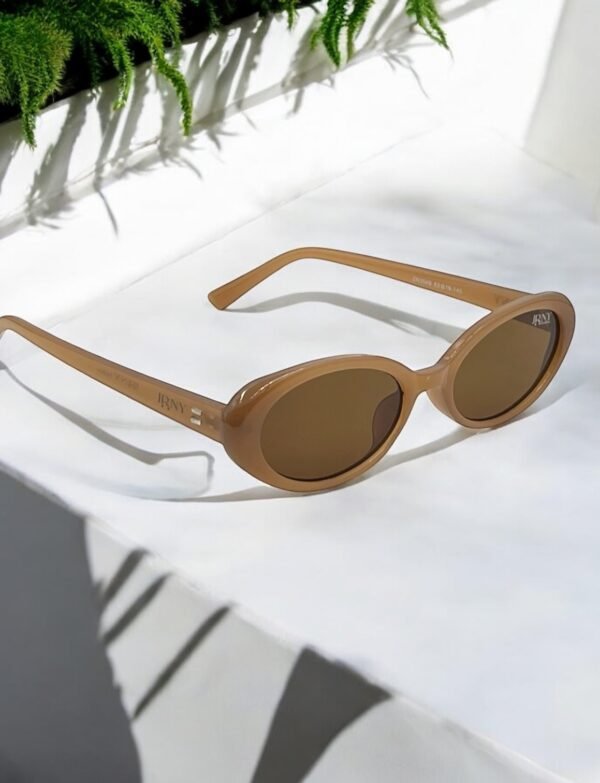 Brown frame, brown lens, oval, funky sunglasses