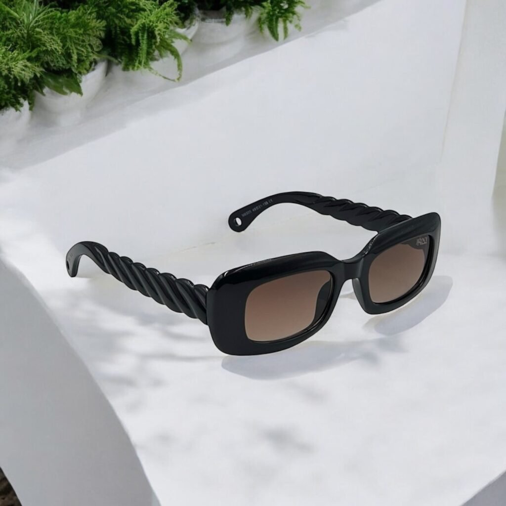 Black, bold frame, quirky arms, rectangular, big sunglasses