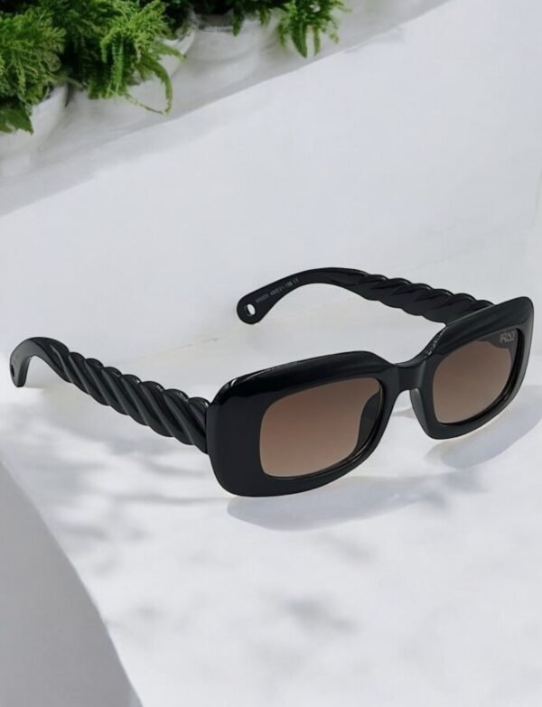 Black, bold frame, quirky arms, rectangular, big sunglasses