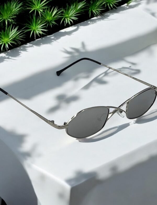 Silver metal frame, silver lens, oval, funky sunglasses