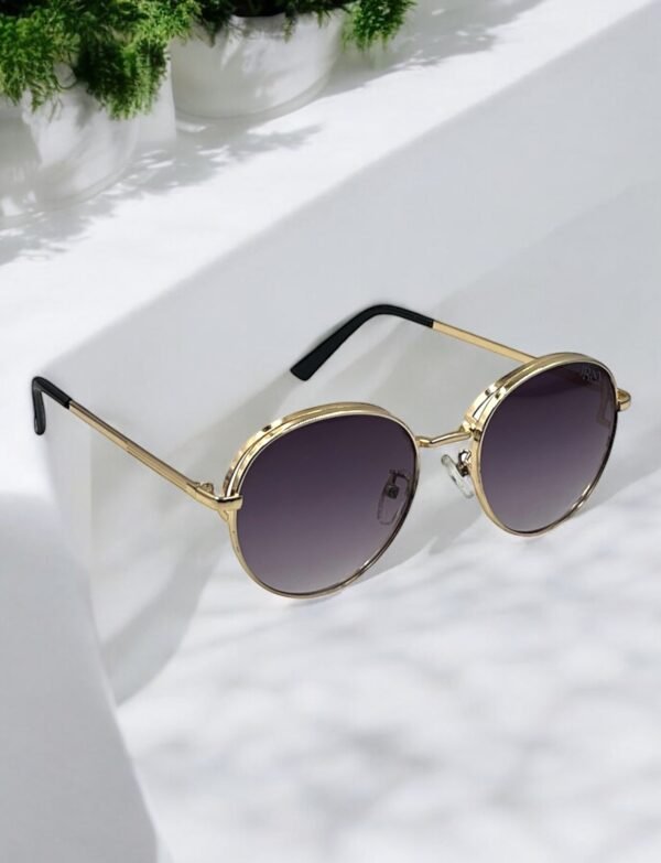 Round, purple lens, golden frame, luxury sunglasses