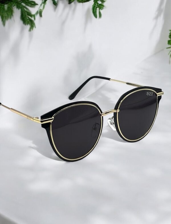 Black, frameless, golden border detailing, luxury sunglasses