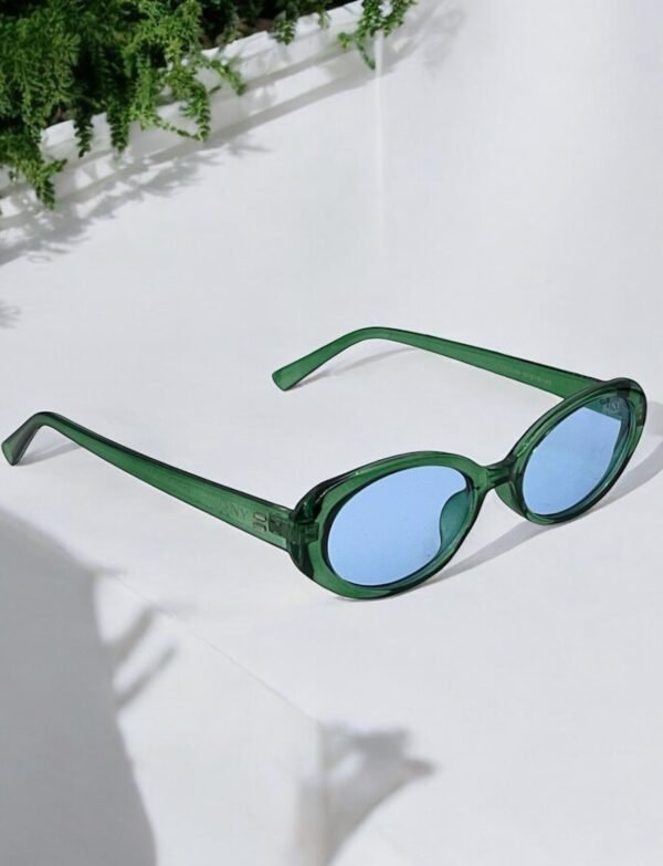 Green, translucent blue lens, oval, funky sunglasses