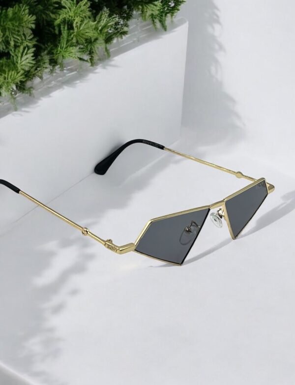 Golden metal frame, black lens, triangular, funky sunglasses