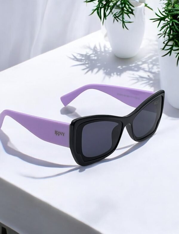 Black, bold frame, lavender arms, rectangular, big sunglasses