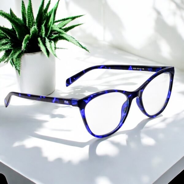 Cat eye, blue and black frame, blue light blocking lens, funky