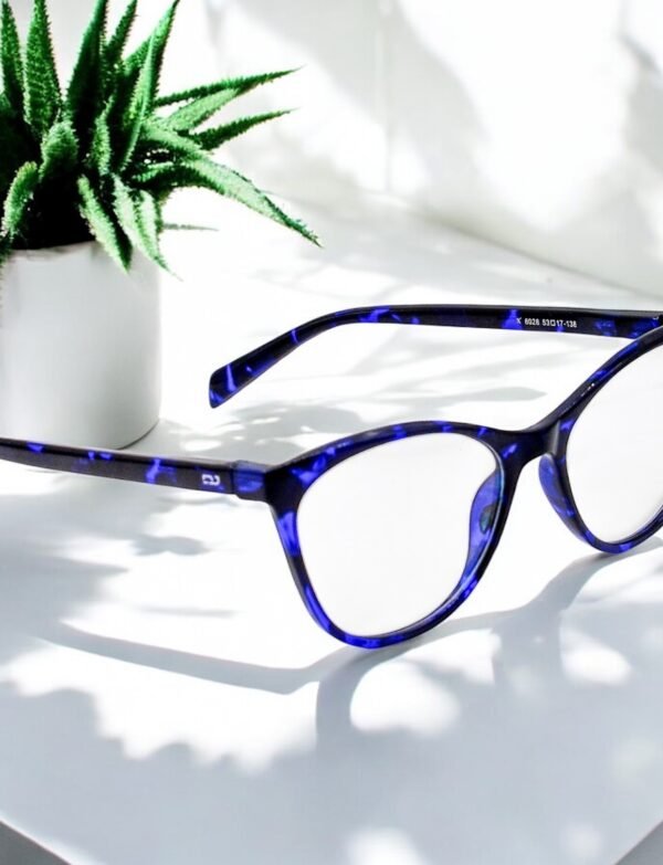Cat eye, blue and black frame, blue light blocking lens, funky