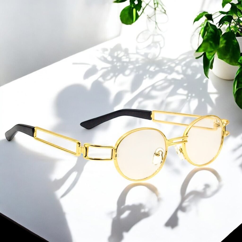 Oval, golden frame, blue light blocking lens, vintage frame