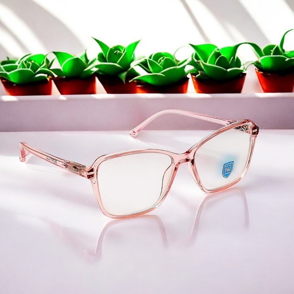 Semi-squarish, pink colored frame, blue light blocking lens, funky
