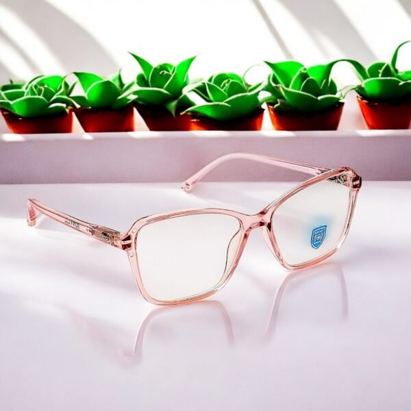 Semi-squarish, pink colored frame, blue light blocking lens, funky