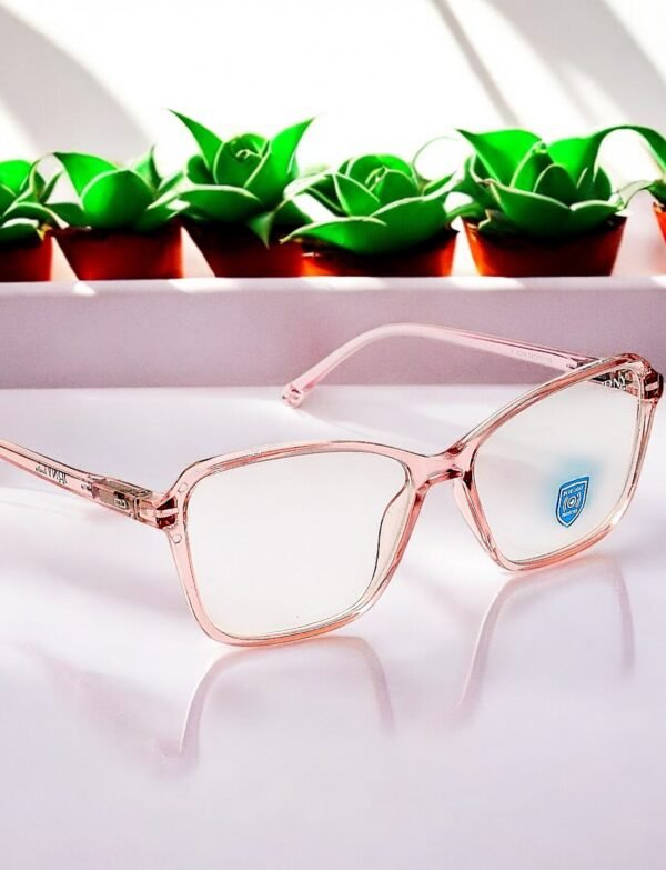 Semi-squarish, pink colored frame, blue light blocking lens, funky