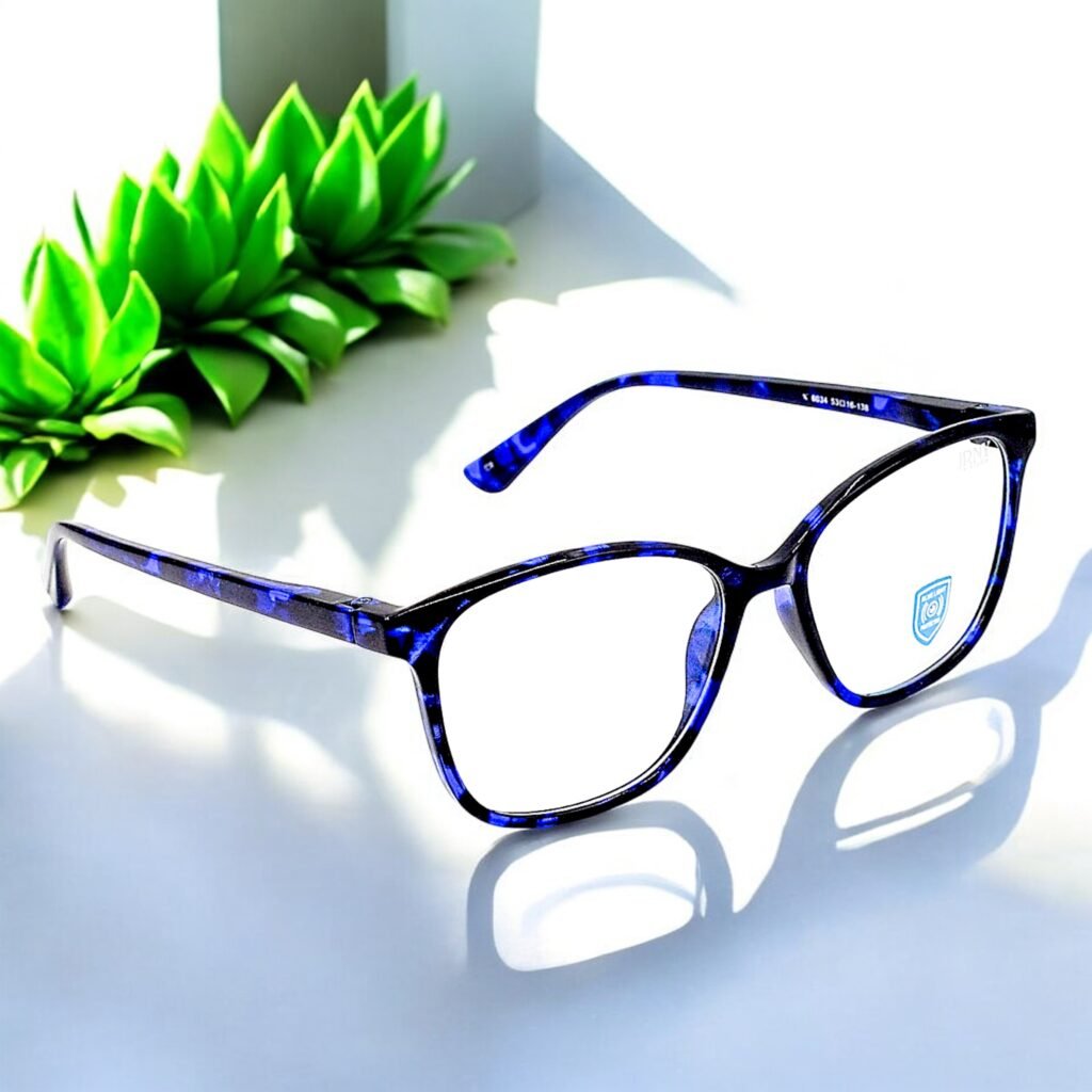Cat eye, dark blue frame, blue light blocking lens, funky