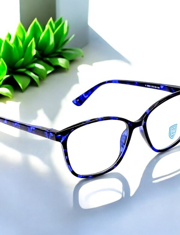 Cat eye, dark blue frame, blue light blocking lens, funky