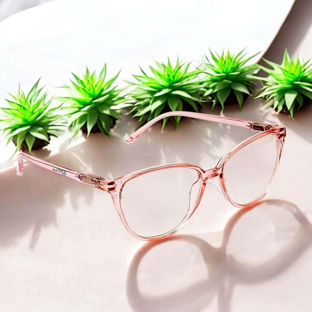 Cat eye, pink colored frame, blue light blocking lens, funky