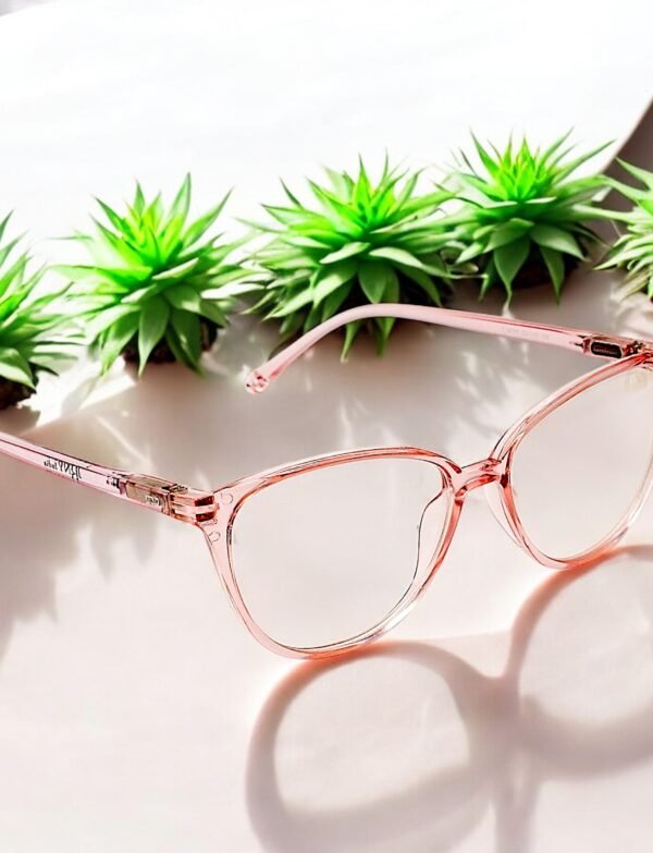 Cat eye, pink colored frame, blue light blocking lens, funky