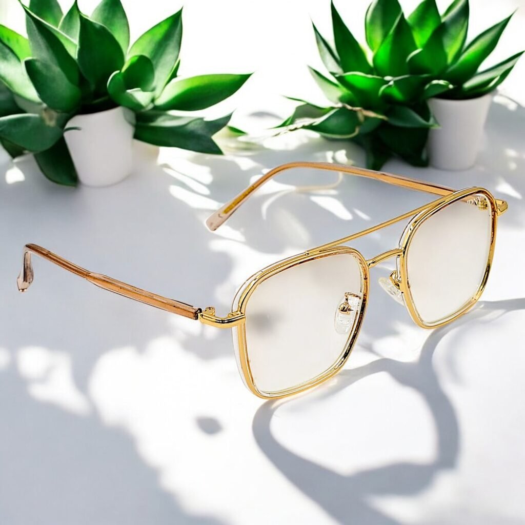 Square, golden frame, blue light blocking lens