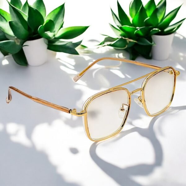 Square, golden frame, blue light blocking lens