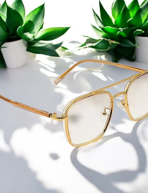 Square, golden frame, blue light blocking lens