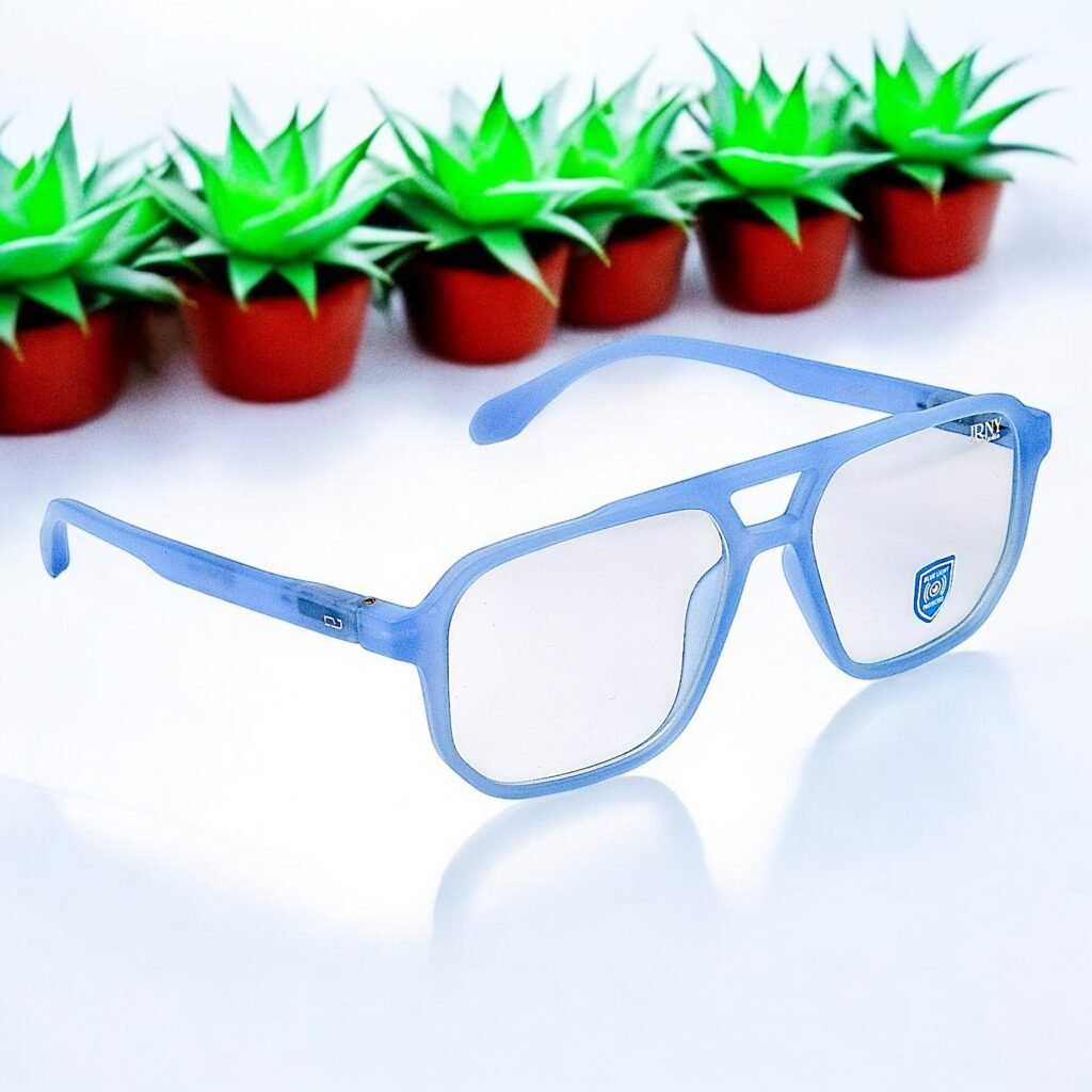 Square, light blue frame, blue light blocking lens, funky