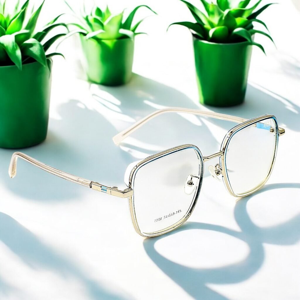 Square, silver frame, blue light blocking lens