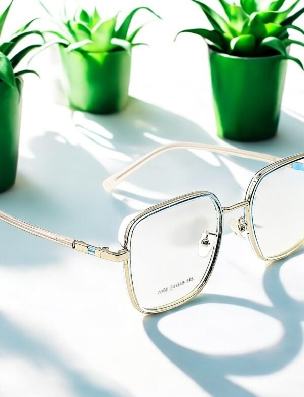 Square, silver frame, blue light blocking lens